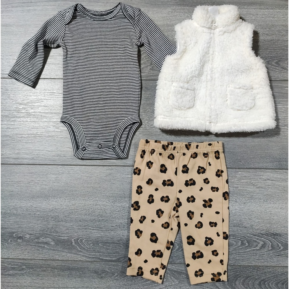 Carters Just One You Baby Girls 3PC Sherpa Vest Striped Bodysuit Cheetah Set 3M